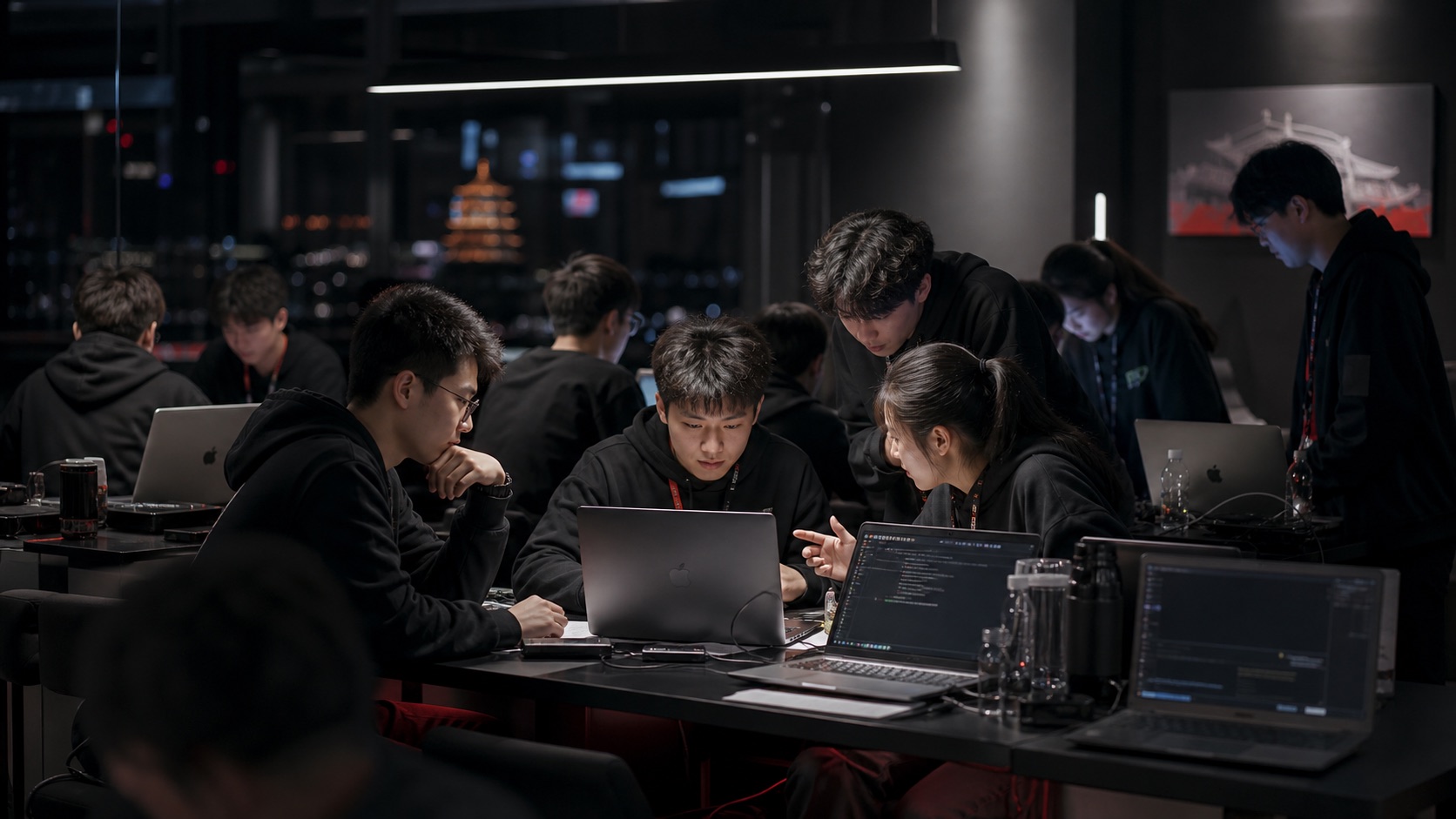 青少年团队在暗色创新工作坊中围绕电脑协作开发 AI 项目