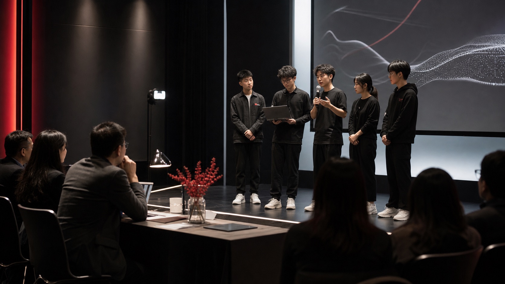 青少年创作者在小型舞台上向评委展示 AI 原型作品