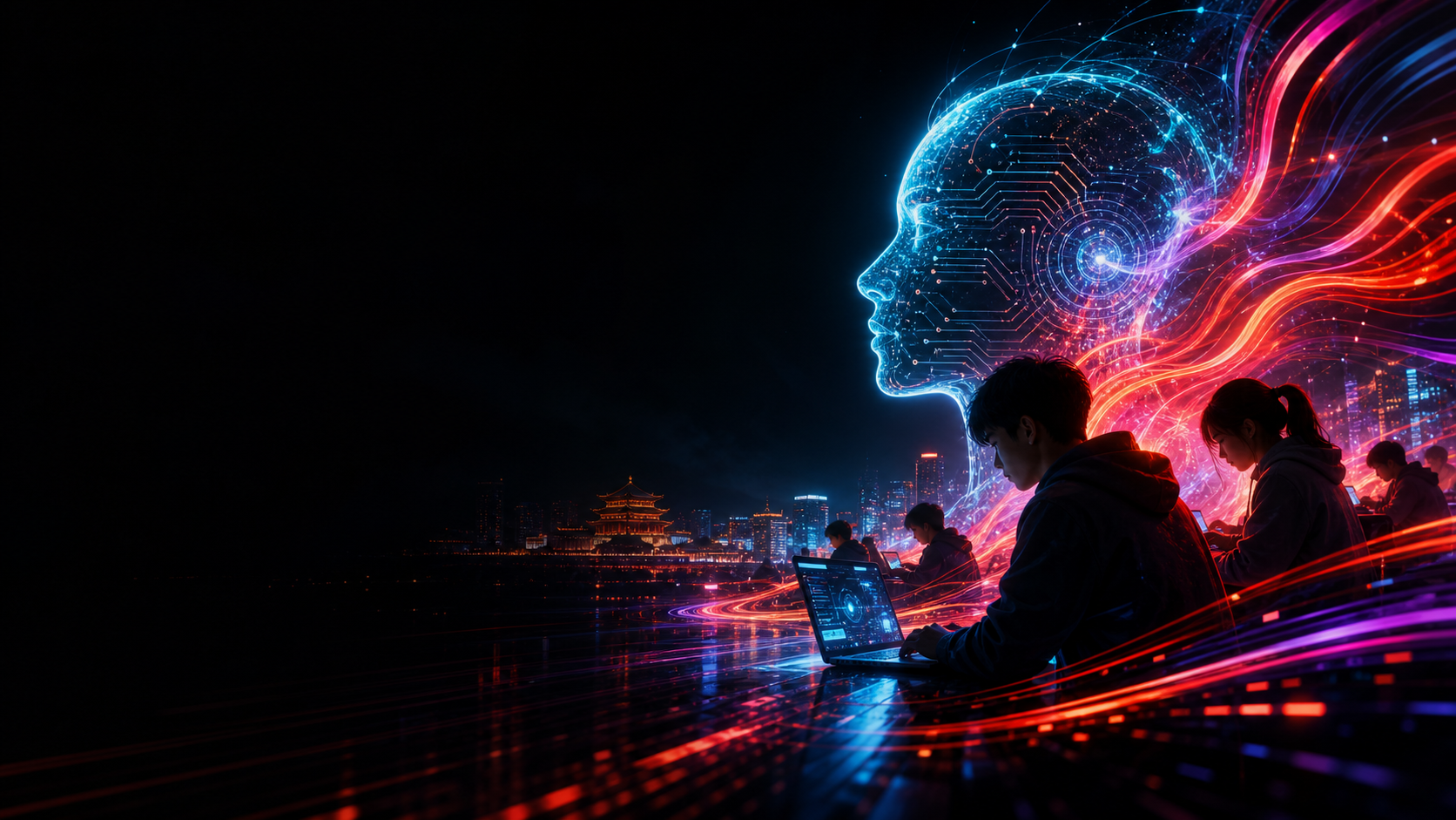 西安夜景中，青少年创作者与发光 AI 形象协作的概念画面